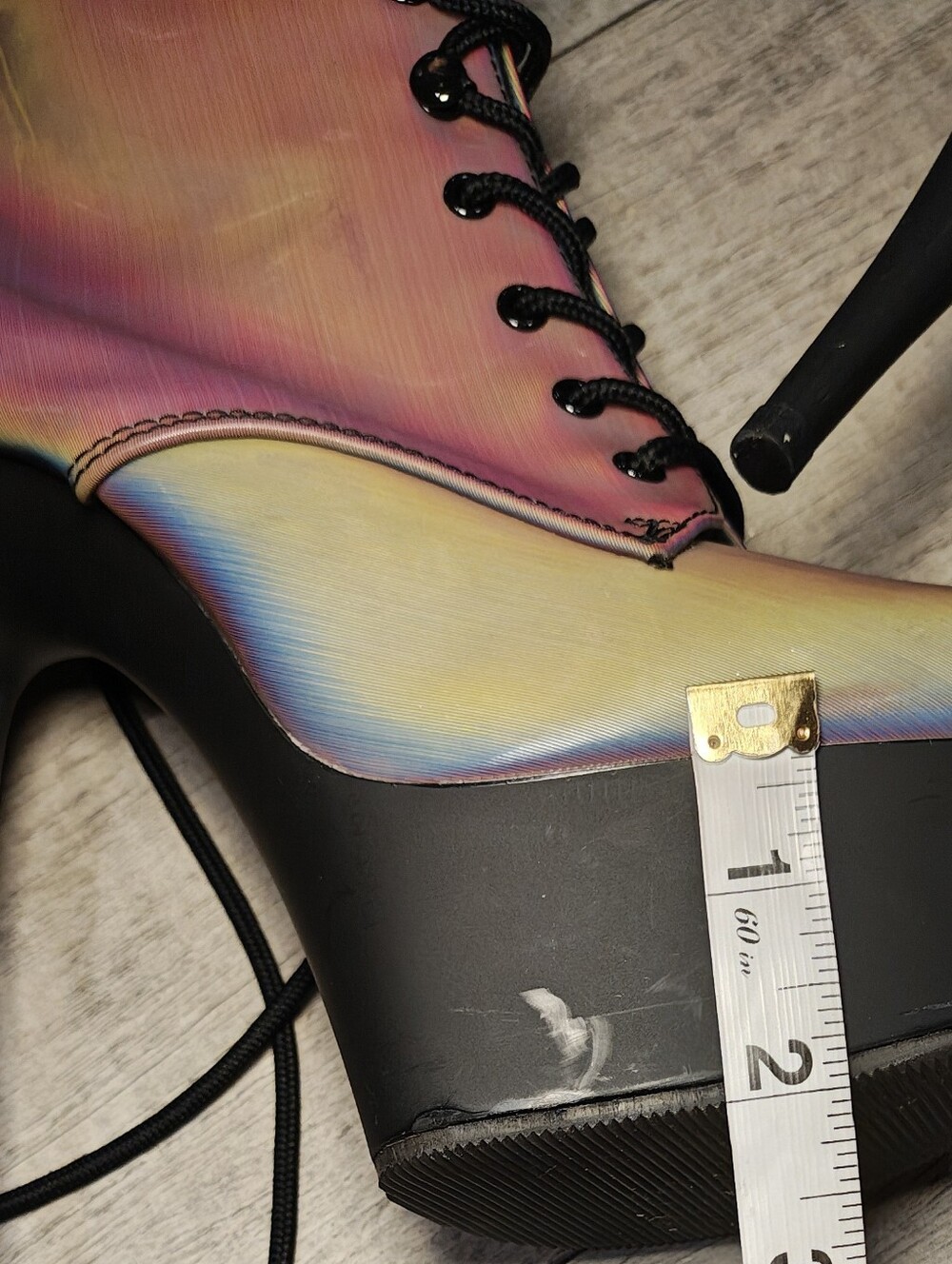 NWOT Pleaser Delight Rainbow Reflective Platform Stiletto Boots. - Picture 6 of 9